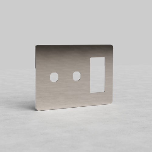 Rectangular polished nickel 3G 2x switch and outlet plate with two switch cutouts and one outlet cutout.