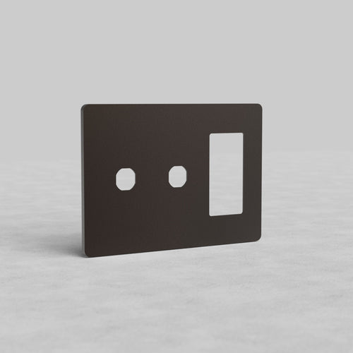 Bronze 3G 2x Switch & Outlet Plate Grove US with two round switch openings and one rectangular outlet cutout.