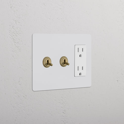Kew 3G 2x Toggle Switch & Outlet in Paintable Antique Brass White with two toggles and double outlet.