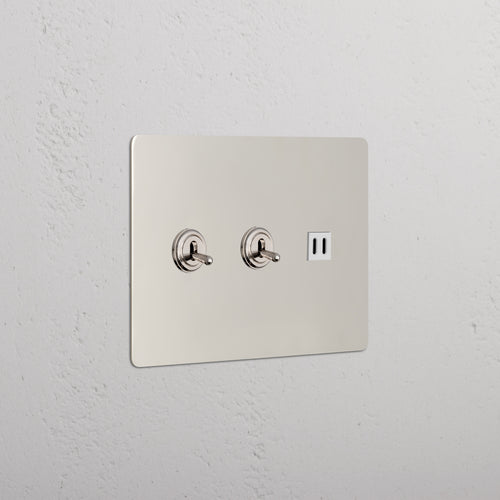 Kew 3G 2x Toggle Switch & Fast Charge USB in Polished Nickel White, showing two toggles and USB port on plate.