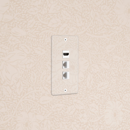 Kew 1G HDMI & 2x CAT6 Keystone wall plate in Clear White with one HDMI and two Ethernet ports.