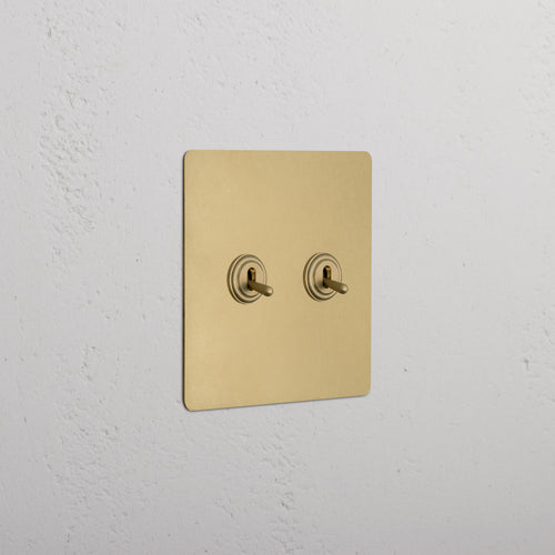 Kew 2G Toggle Switch in antique brass with metallic plate and toggles, mounted on a white wall.