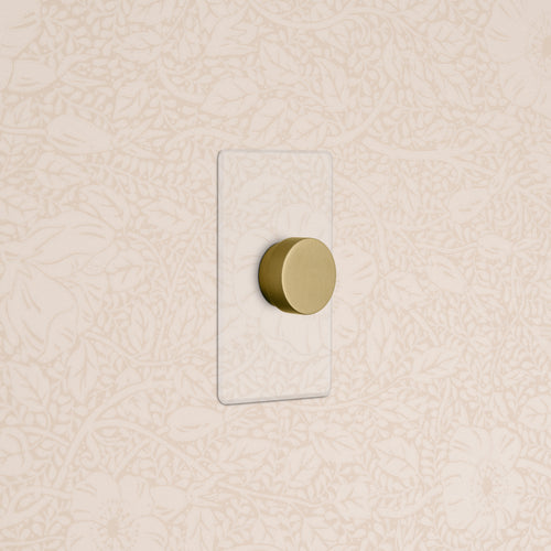 Kew 1G Dimmer Switch in clear antique brass, mounted on a clear rectangular plate on a patterned wall.