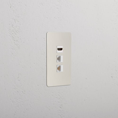 Kew 1G HDMI & 2x CAT6 Keystone wall plate with polished nickel white finish, HDMI and dual CAT6 ports.