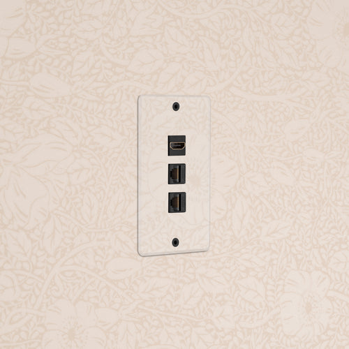 Kew 1G HDMI & 2x CAT6 Keystone wall plate in clear black finish with HDMI and two CAT6 ports.