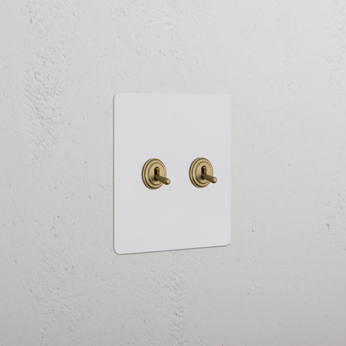 Kew 2G Toggle Switch in Paintable Antique Brass, dual switches on a white wall plate, installed on white wall.