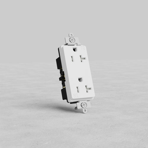 White Power Outlet 20A duplex wall outlet with two three-prong sockets on a light gray background.