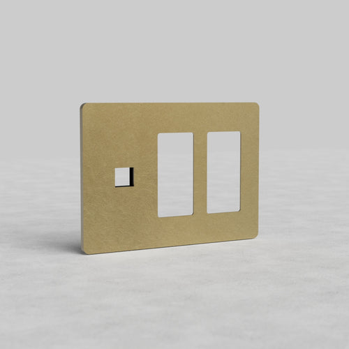 Antique Brass 3G wall plate featuring two outlet openings and one keystone port, Grove US style.