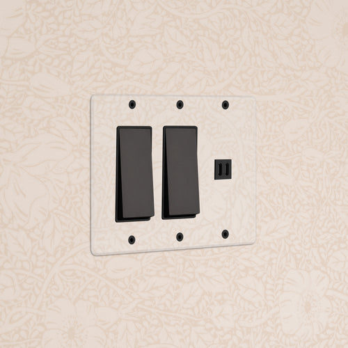 Kew 3G 2x Rocker Switch & Fast Charge USB in Clear Bronze Black, with two black rockers and USB port.