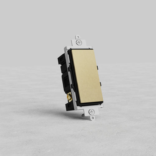 Center Retractive Rocker Switch in antique brass with black details, shown upright against a gray background.