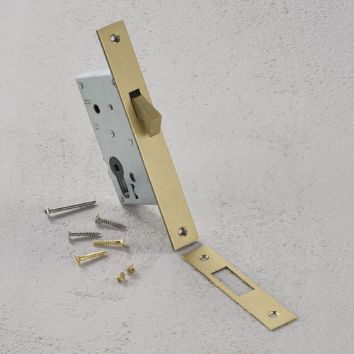 Antique brass hook lock with matching strike plate and six screws, shown on a light textured surface.