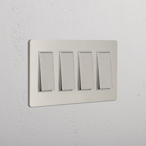Grove 4G Rocker Switch in Polished Nickel White, showing four rectangular white rocker switches horizontally.