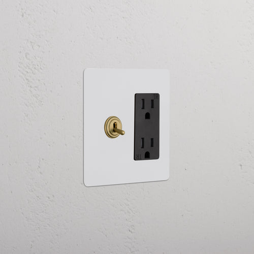Kew 2G Toggle Switch & Outlet with paintable antique brass black finish, gold toggle, and black double socket.