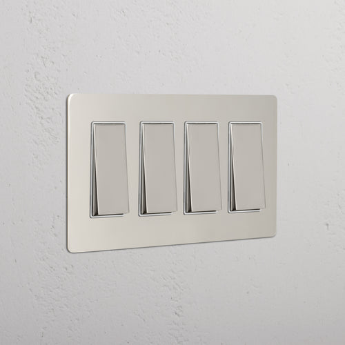 Kew 4G Rocker Switch in Polished Nickel White, featuring four rectangular rocker switches in a row.