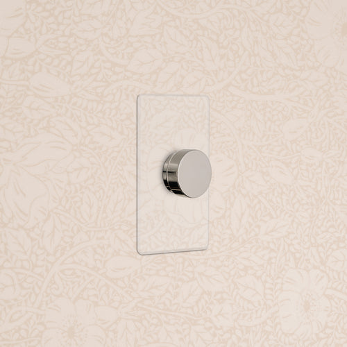 Kew 1G Dimmer Switch in clear polished nickel, featuring a round knob on a transparent rectangular plate.