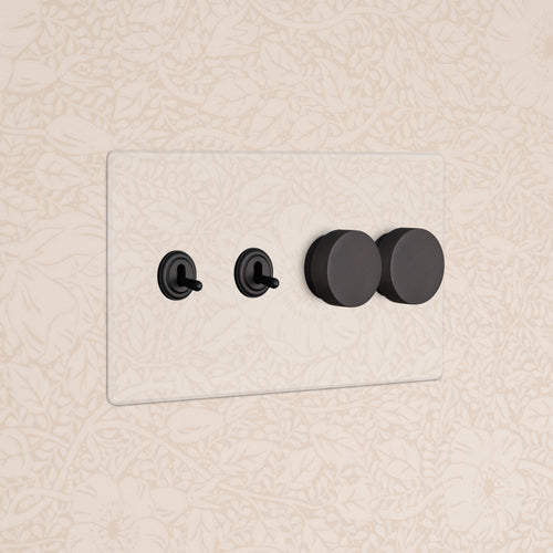 Kew 4G 2x Toggle & 2x Dimmer Switch in clear bronze with two black toggles and two black dimmer knobs.