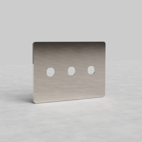 3G Switch Plate Grove US in polished nickel finish with three horizontal switch openings, shown upright.