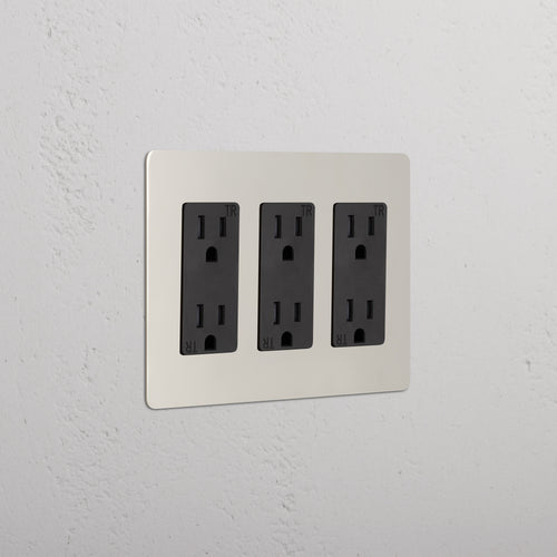 Kew 3G Outlet in Polished Nickel Black finish featuring three black outlet sockets on a wall plate.