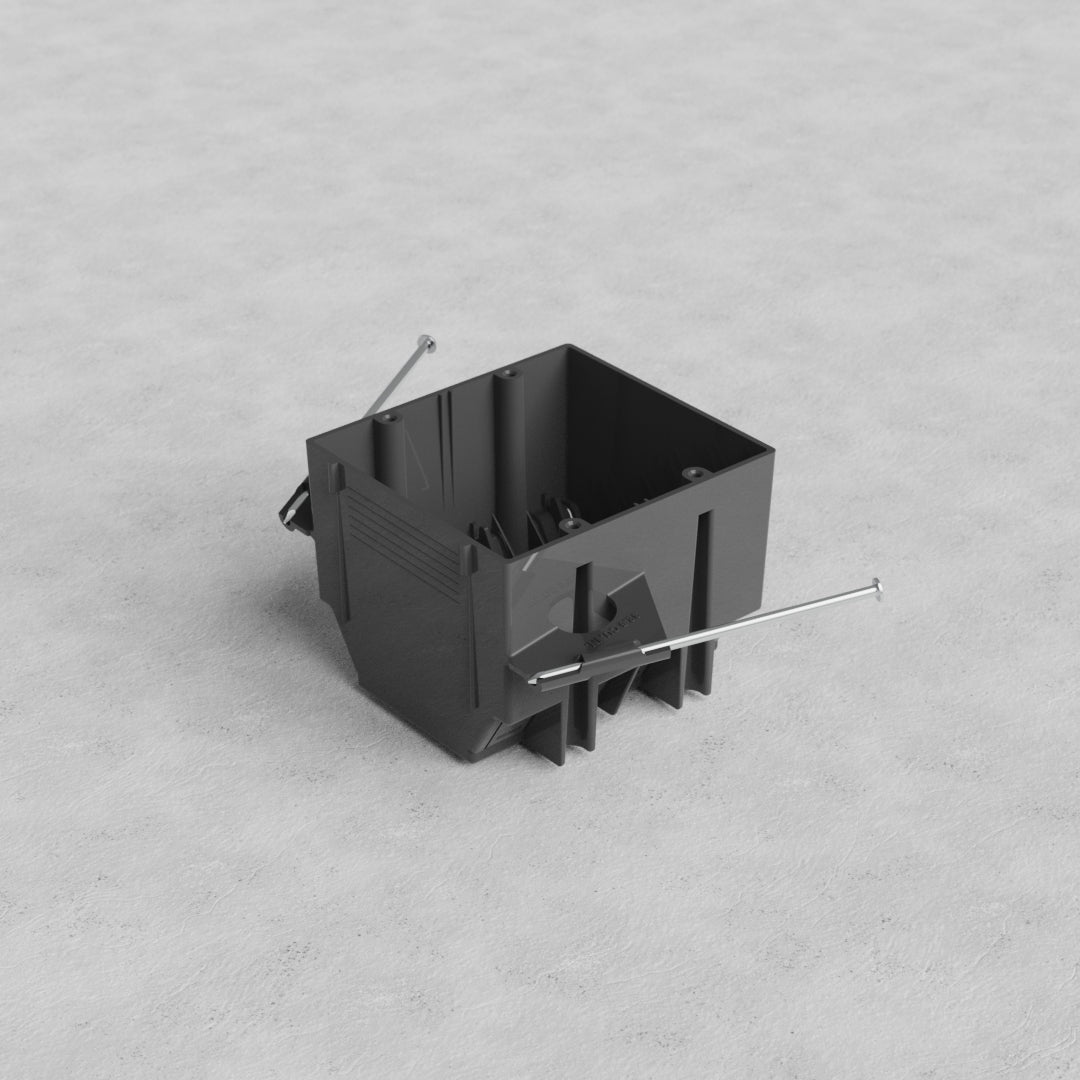 2G US New Work Electrical Box in black plastic with mounting nails, designed for electrical installations.