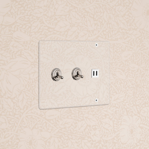 Kew 3G 2x Toggle Switch & Fast Charge USB panel in clear polished nickel white with two toggles and one USB port.