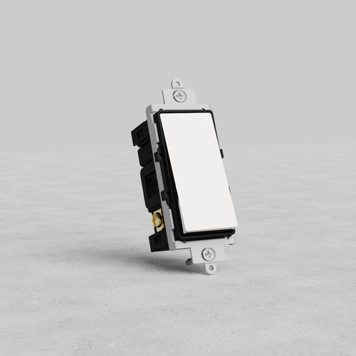 Retractive Rocker Switch in polished nickel black with rectangular white faceplate, shown on a gray background.