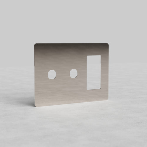 Polished nickel 3G 2x switch and outlet plate (Kew US) with two switch slots and one outlet opening.