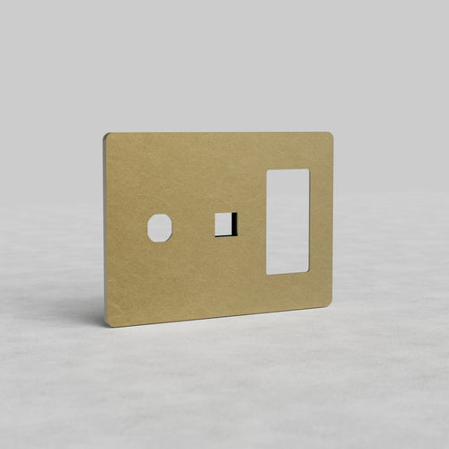 Antique brass 3-gang outlet, keystone, and switch plate (Grove US) with three cut-outs in a row.