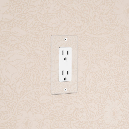 Kew 1G 15A Outlet in Clear White with two sockets and a clear cover plate, mounted on a textured wall.