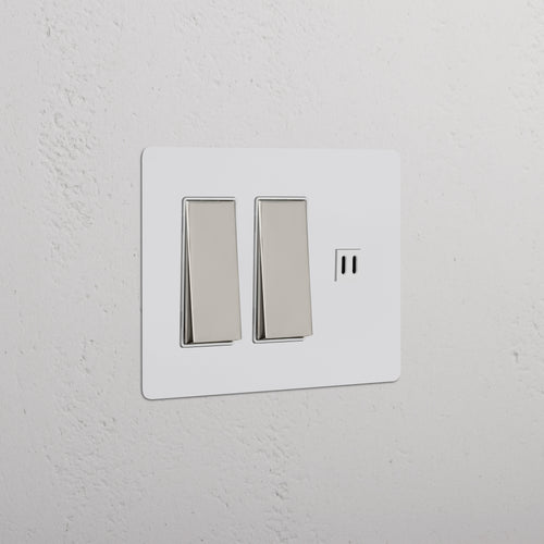 Kew 3G 2x Rocker Switch & Fast Charge USB plate in paintable polished nickel white, with two switches and USB port.