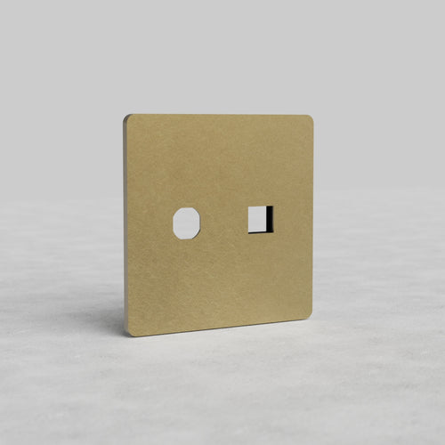 2G Switch & Keystone Plate Grove US in antique brass with square design, circular and rectangular cutouts.