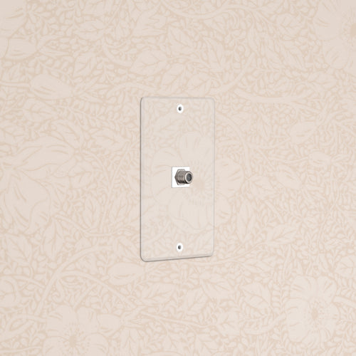 Kew 1G Satellite Keystone in clear white; single gang wall plate for satellite connection, no cables attached.