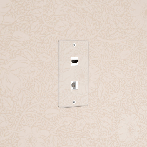 Kew 1G HDMI & CAT 6 Keystone in clear white, featuring HDMI and Ethernet ports on a keystone wall plate.