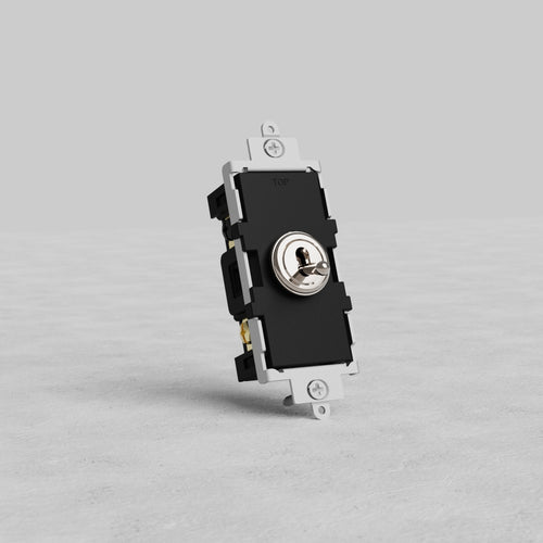 Four Way Toggle Switch in polished nickel finish, shown upright on a light gray surface against a plain background.