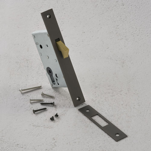 Bronze hook lock set with brushed faceplate, brass latch, strike plate, and screws on a white surface.