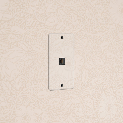 Kew 1G CAT 6 Keystone Ethernet module in clear black, shown mounted on a wall.