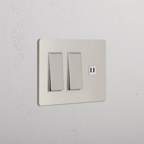 Grove 3G 2x Rocker Switch & Fast Charge USB in polished nickel white, shown on a white wall.