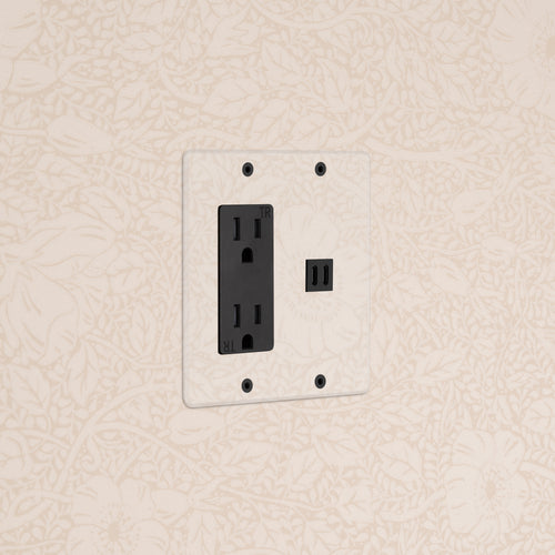 Kew 2G Outlet & Fast Charge USB in clear black finish on wall, showing two sockets and USB ports.