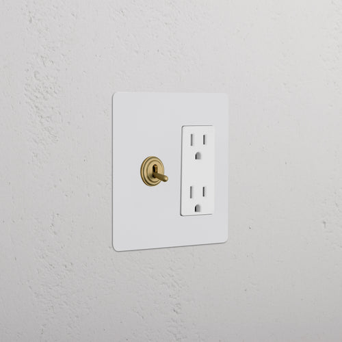 Kew 2G Toggle Switch & Outlet in paintable antique brass white finish, with double socket and toggle switch.