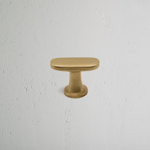 Milliner Furniture Knob in antique brass finish, oval-shaped with flat top and short round base.