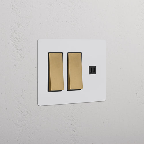 Kew 3G 2x Rocker Switch & Fast Charge USB, paintable antique brass black plate with two black rockers and USB port.