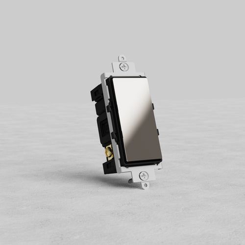 Center Retractive Rocker Switch with rectangular Polished Nickel Black faceplate on a gray background.