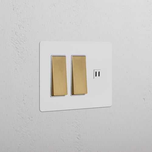 Kew 3G 2x rocker light switch with fast charge USB in paintable antique brass white, front view.