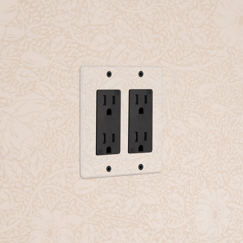 Kew 2G Outlet in Clear Black, double electrical socket on a wall with floral-patterned wallpaper.