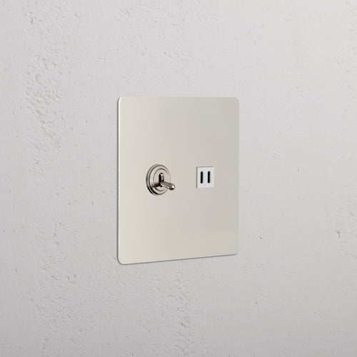 Kew 2G Toggle Switch & Fast Charge USB in Polished Nickel White, wall-mounted with toggle and USB port.