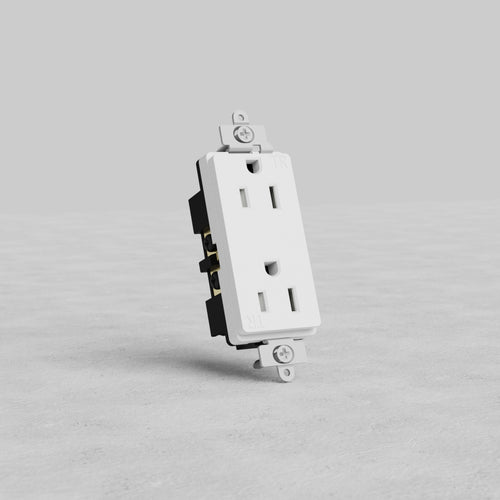 White Power Outlet 15A with two sockets, displayed upright on a light gray surface against plain background.