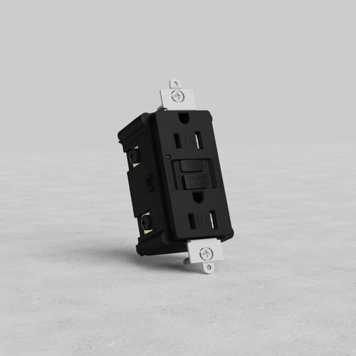 Black GFCI Power Outlet 15A with test and reset buttons on a gray surface, against a plain background.