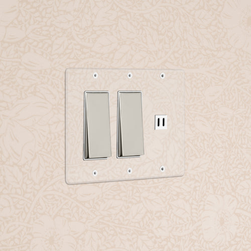 Kew 3G 2x rocker light switch with fast charge USB port in clear polished nickel and white finish.