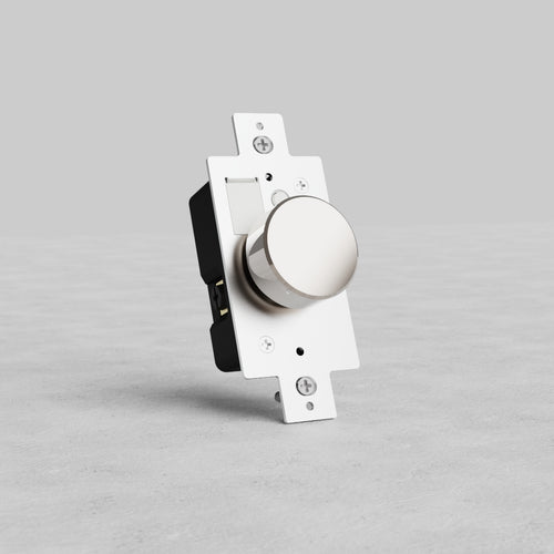 Polished nickel dimmer switch with round knob on rectangular base, shown against a light gray background.