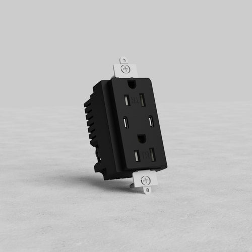 Black Power Outlet with USB 15A, rectangular, two three-prong sockets, mounted on a gray surface.