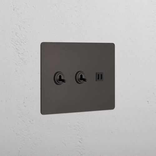 Kew 3G 2x Toggle Switch & Fast Charge USB bronze black wall plate with two toggles and USB port.